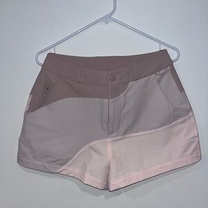 Outdoor Voices Colorblock Athletic Shorts in Taupe and Light Pink